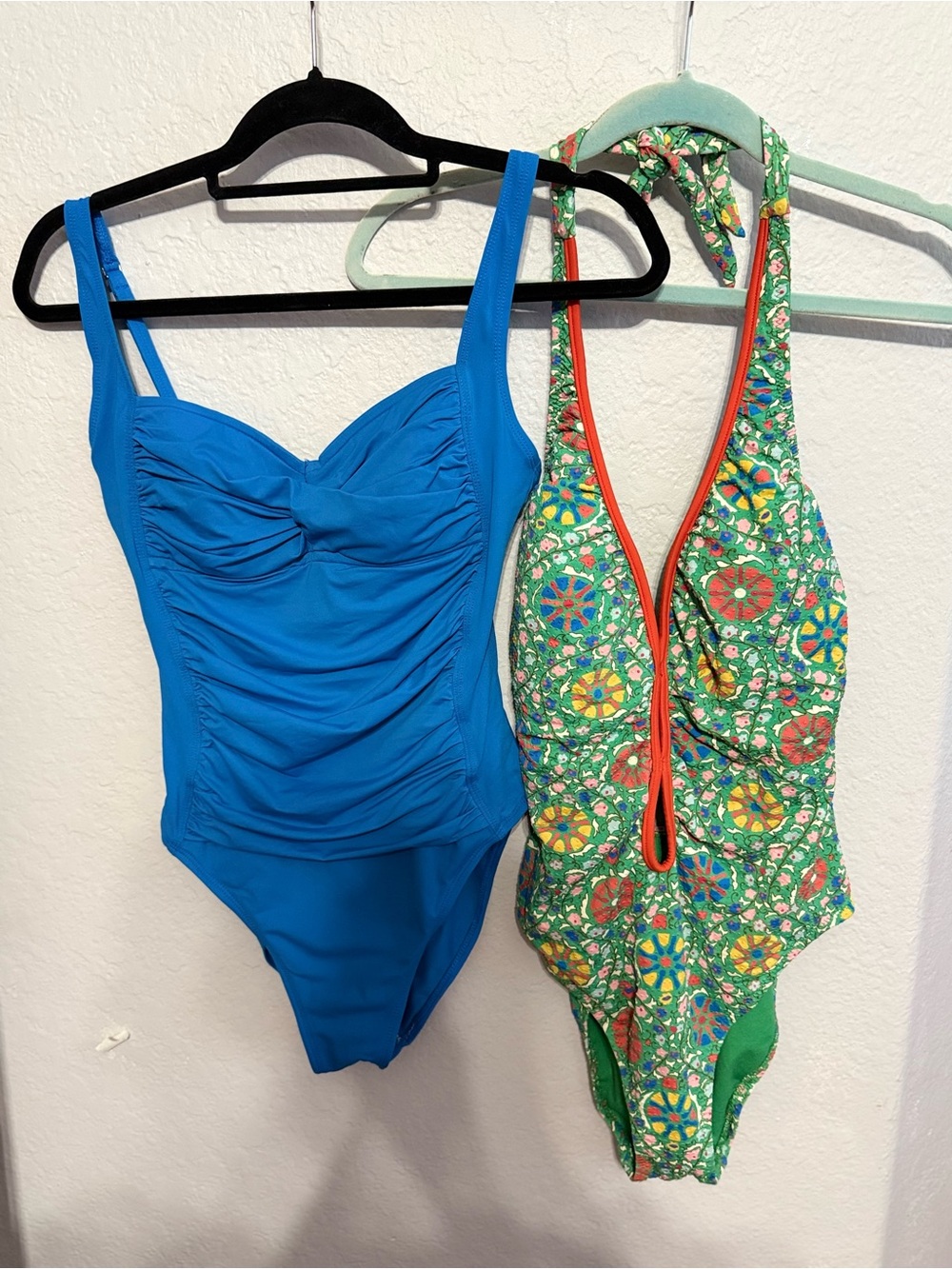La Blanca Blue Ruched One-Piece & Rhode Green Floral Halter One-Piece